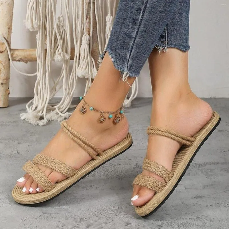 Sandals Ladies Summer Simple Casual Straw Wear Flat Beach Soft Bottom Shoes Peep Toe Sandalias De Mujer Verano 2023