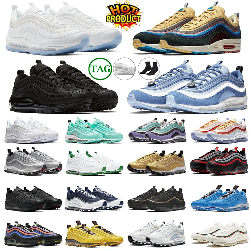 Runningskor 97 Trainer 97S trippel svartvita Jesus skor Satan Sean Wotherspoon Halloween Silver Bullet Bred Gradient Fade Blue Hero Sneaker Sports Sport