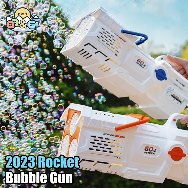 Nyhetsspel 60 Hål Bubble Gun Electric Automatic Rocket Soap Bubble Machine Kid Outdoor Wedding Party Toy Led Light Children's Day Gifts 230719