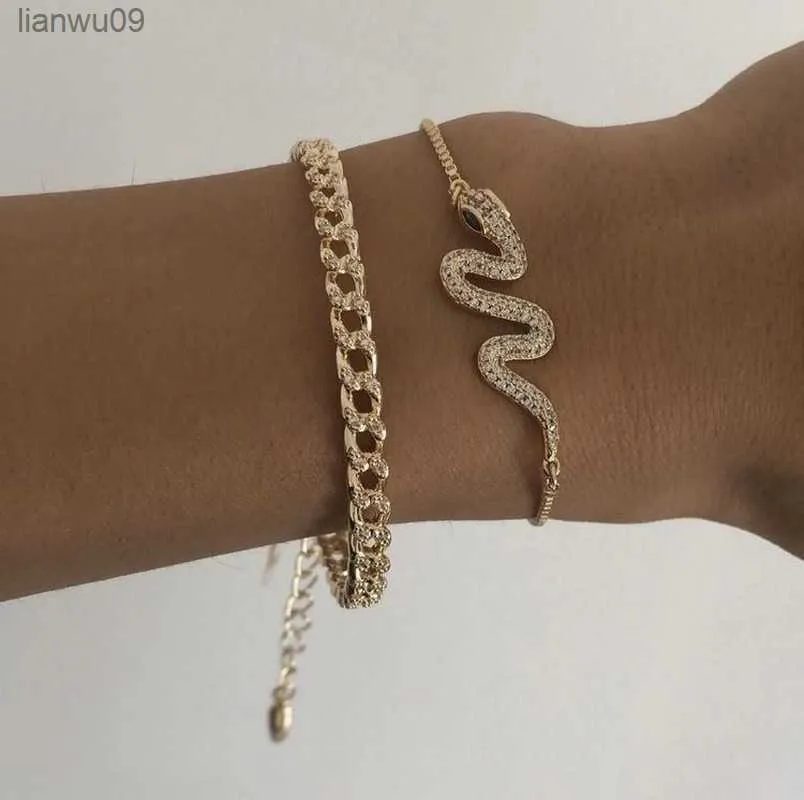 Punk Indian Chunky Chain Snake Bracelet Bangle Set for Women Gold Color Serpent Crystal Multilayer Charm Bracelets Boho Jewelry L230704