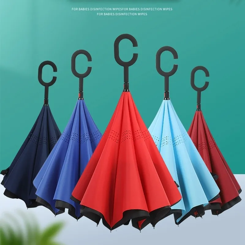 Umbrellas Creative Long Handle Double Layer Reversal Umbrella Windproof Reversal C-hook Men's Golf Umbrella Wholesale Customization 230719