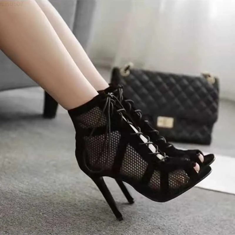 Sandalen Vrouwen Lace Up Mesh Hakken Zomer Open Teen Tie Up Sandalen Dames Stiletto Strappy Hoge Hakken Wrap Mode Hoge Top Dansschoenen L230720