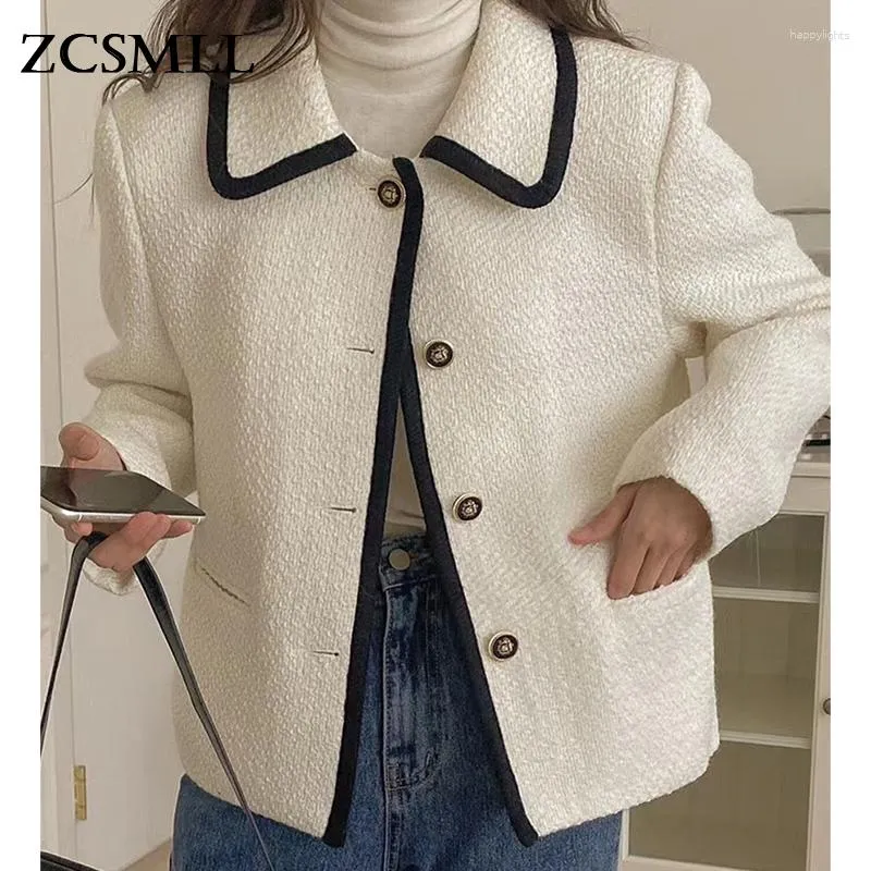 Vestes Femme ZCSMLL Coréen Chic Tempérament Français Revers Contraste Couleur Bordure Simple Boutonnage Lâche À Manches Longues Tweed Manteau Court Femmes