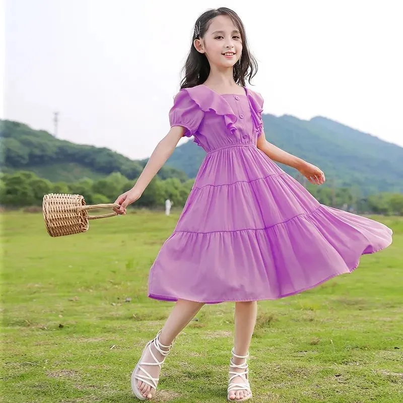 Filles robe à manches courtes été 2023 nouvelle princesse pour enfants petite fille robe en mousseline de soie élégante conception avant-gardiste robe Premium