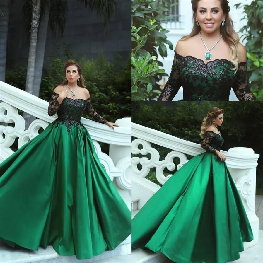 Vintage Emerald Green Black Lace Long Sleeves Prom Party Dresses Off the Shoulder A Line Middle East Elegant Evening Clowns249s