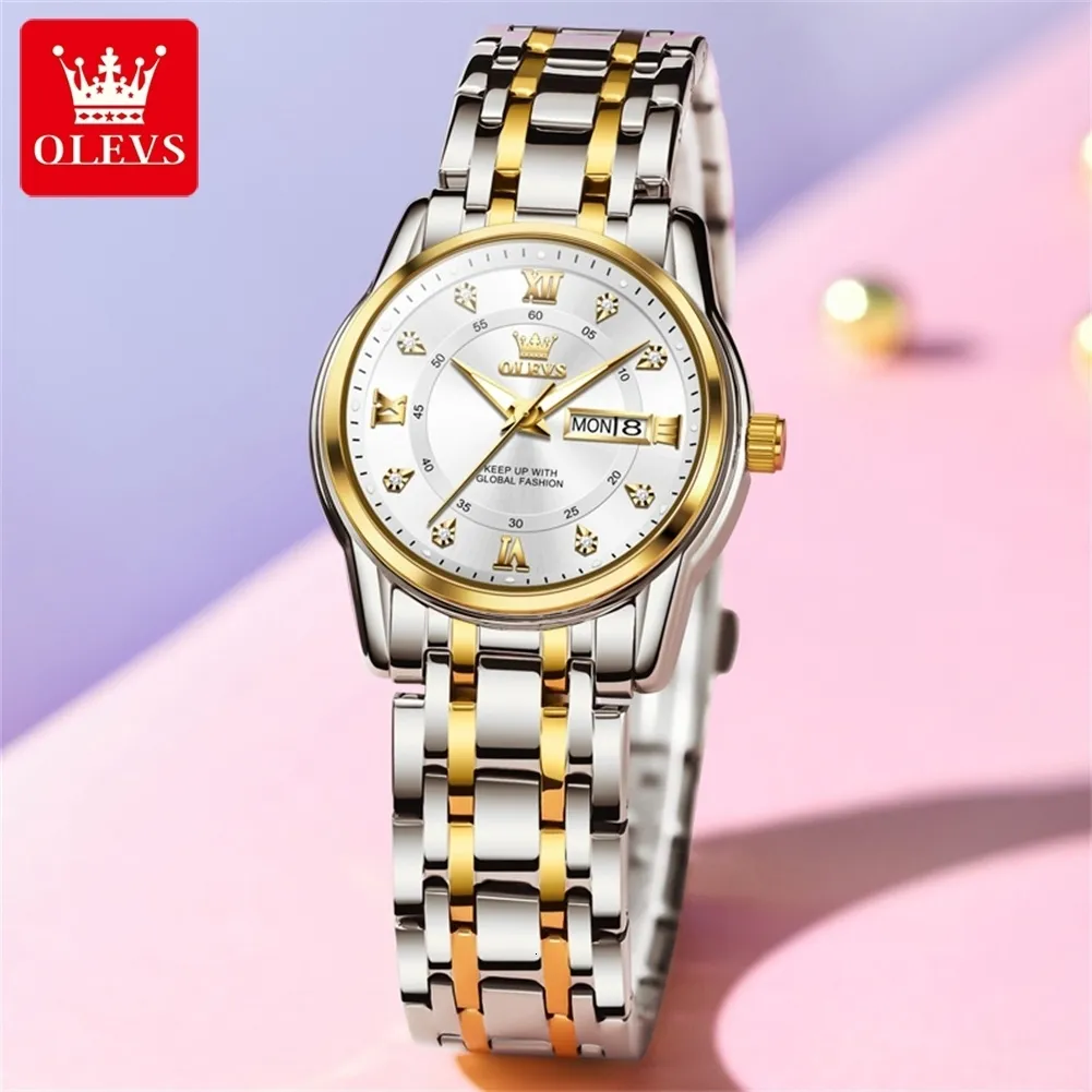الساعات النسائية Olevs Womens Watch Watch Luxury Gold Watch Originaldate Week Roman Roman Stainless Steel Proof Watchlous Watches Watches 230719