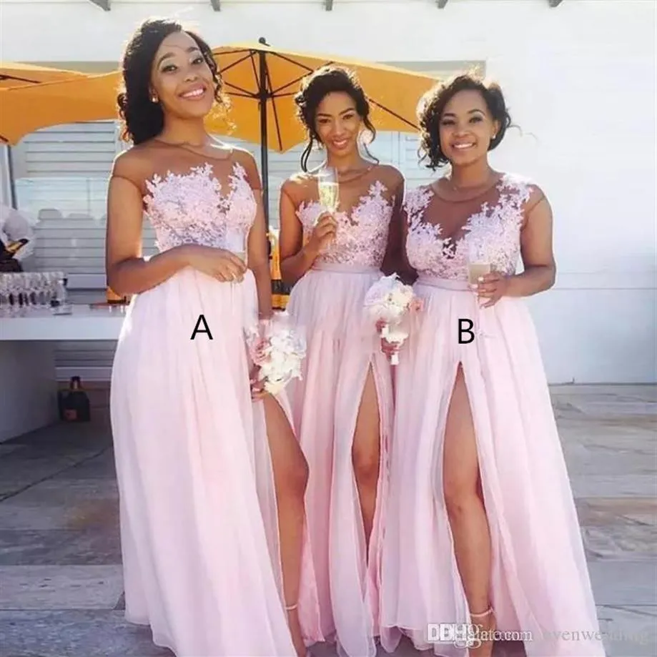 Sheer Neck Long Split Chiffon Bridesmaid Dresses Pink Party Dresses 2019 Ny golvlängd Prom Gowns305U