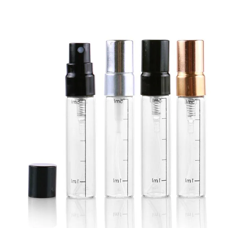 Met schaal 25 ml 3 ml 5 ml 10 ml Clear Spray Parfumflesjes Pomp Sproeier Mini Glazen Buis met goud Zilver Zwart Metalen Deksels Bqcef