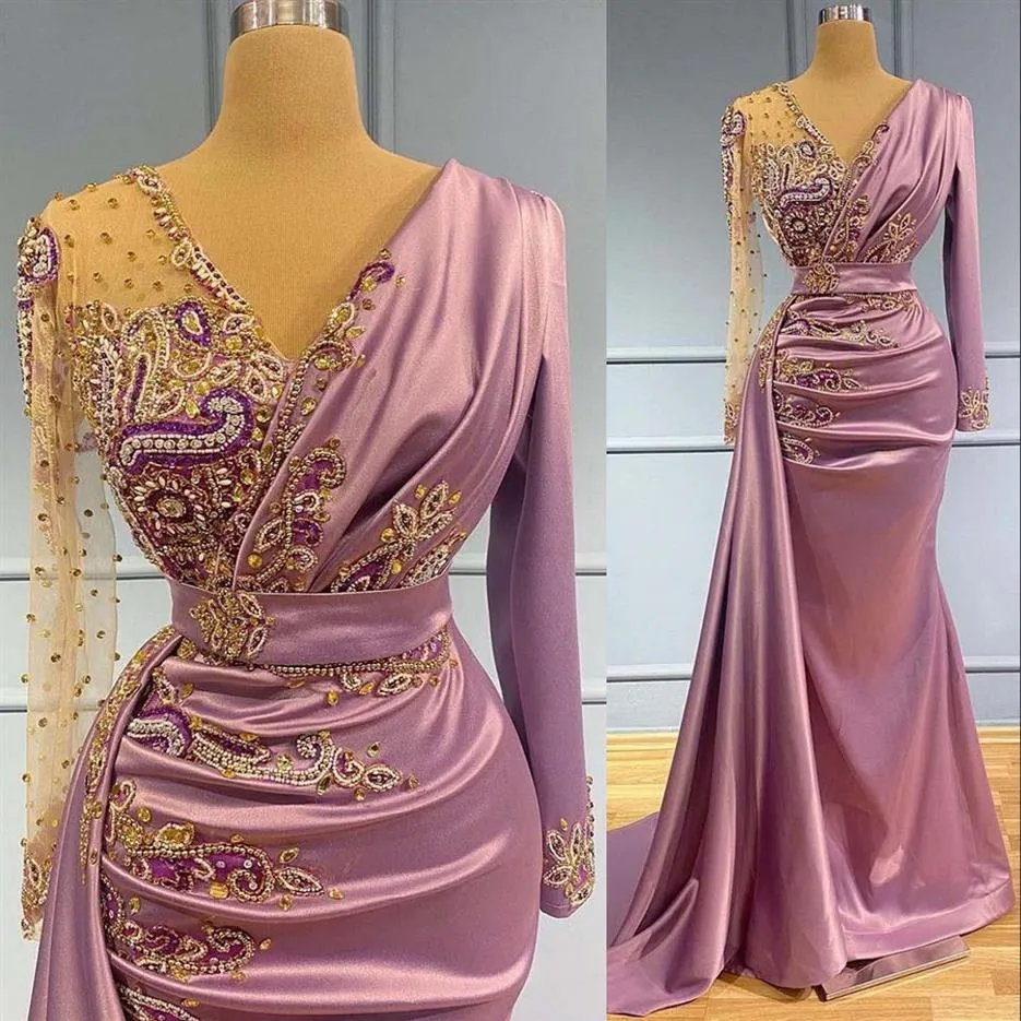 2022 Lekkie fioletowe sukienki wieczorne syreny noś Sheer V szyja kryształowe z koraliki długie rękawy formalne imprezę balową drugi przyjęcie specjalne 2440