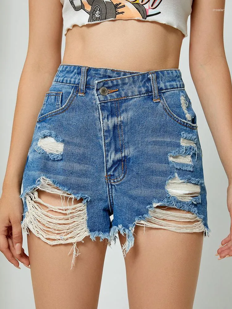 Frauen Shorts Streetwear Frauen Hohe Taille Loch Ausgefranste Retro Blau Denim Sommer Weibliche Taste Unregelmäßige Jeans Böden