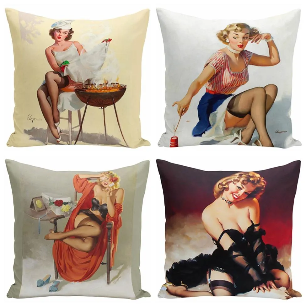 Sexy Lady Pinup Girl Poster Print Cushion Cover Modern Home Decorative Lint Pillow case Vintage Car Pillowslip Set of 4311J