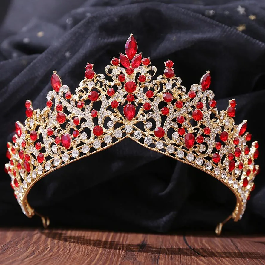 Cristaux Rouges Coiffes Accessoires De Mariage Couronnes Baroques Argent Perlé Diadèmes De Mariée Strass Pièces De Tête Pour Quinceanera Cro197e