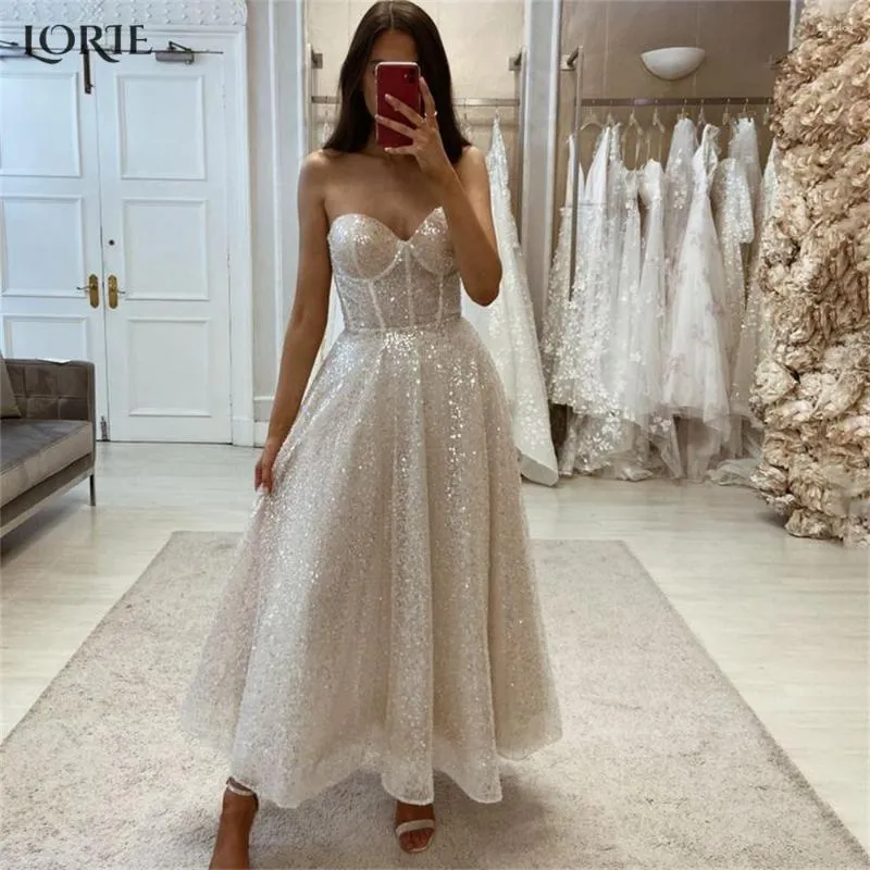 Abiti da festa LORIE Glitter Elegante da sera formale A-Line Shiny Backless Sweetheart Prom Dress Off spalla Abiti alla caviglia