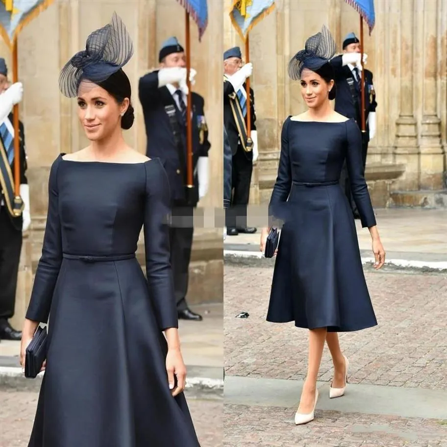 Meghan Markle Navy Short Prom Dresses Mother Of The Bride Dresses A Line Knee Length Long Sleeve Groom Mother Formal Party Gowns 2302p