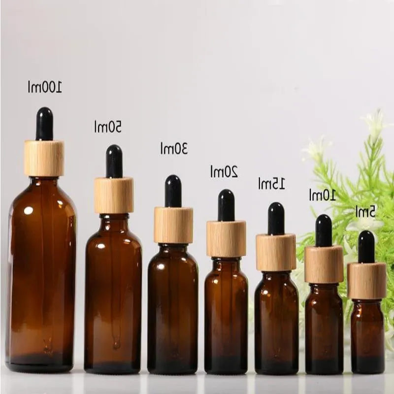 Amber Empty Glass Bottles For Essential Oil E Liquid Refillable Container With Bamboo Cap And Glass Pipette Pmejp