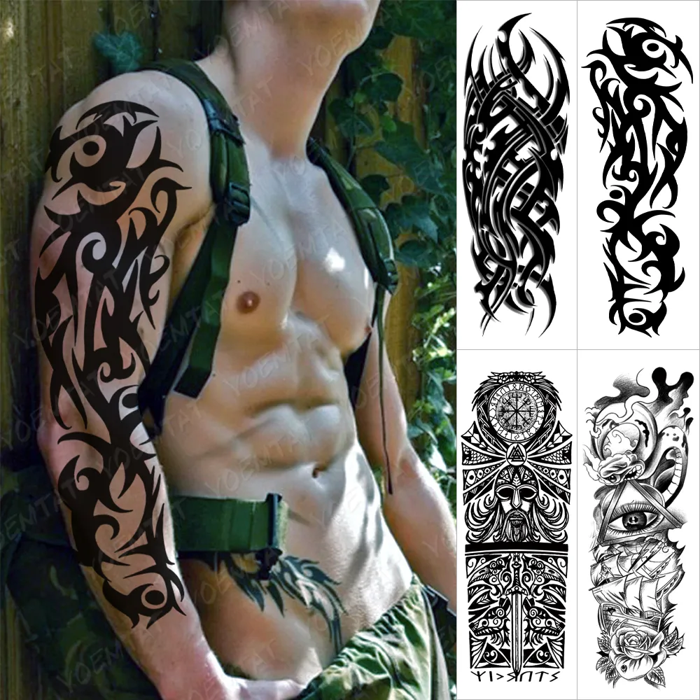 Große Armmanschette Tattoo Schwarz Maori Totem Wasserdicht Temporäre Tatto Aufkleber Tribal Flamme Körperkunst Full Fake Tatoo Frauen Männer