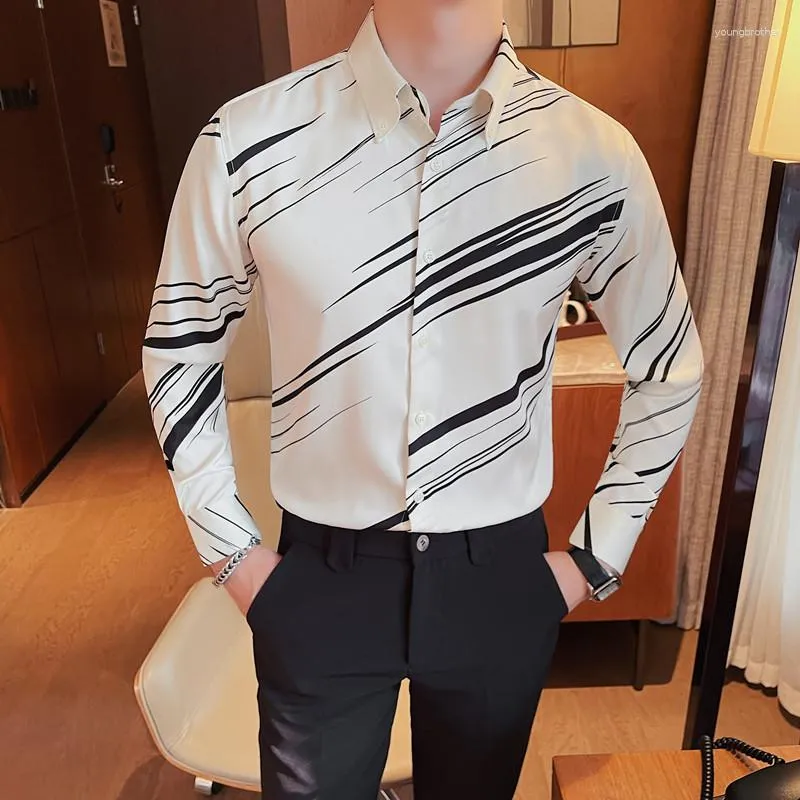 Koszulki sukienki męskiej 2023 Spring Highend w paski Koszulka z długim rękawem Mężczyźni Koreańska Slim Fit Streetwear Party M-3xl