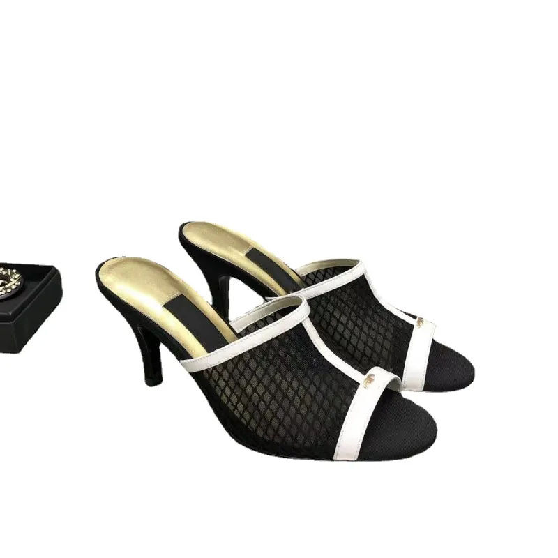 Sandales de luxe pour femmes bouts ronds surface en maille noire talons hauts pantoufles de mode