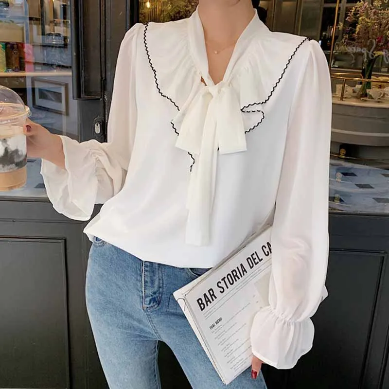 Blusas De Gasa Con Lazo Blanco S lido 2020 Blusas Sueltas