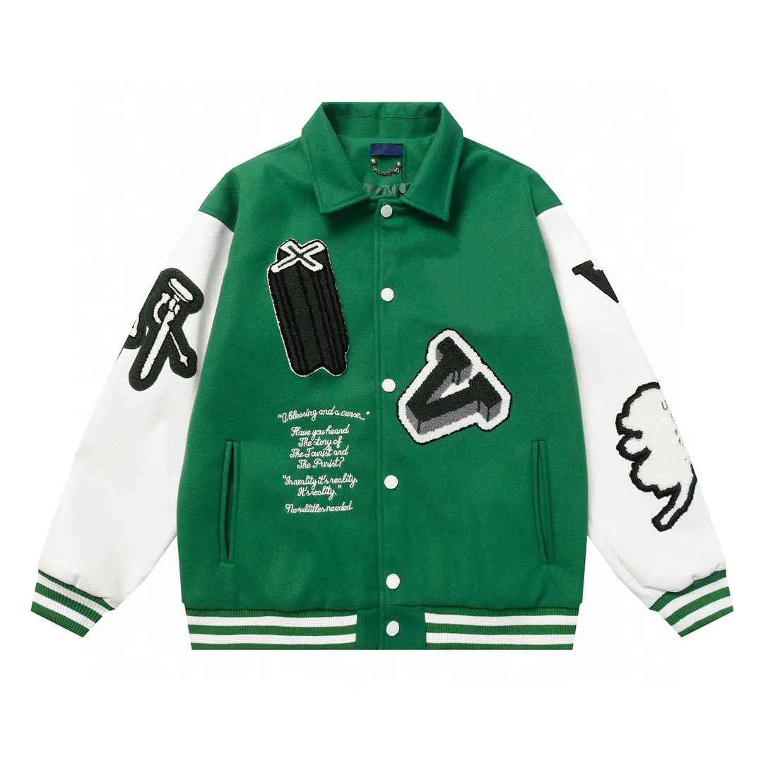 Jaquetas masculinas luxuosas de grife Varsity High Street Multi-Patches Blusão de couro misto Varsity Blusão de beisebol de cor verde Jaqueta de beisebol casual Streetwear Casacos