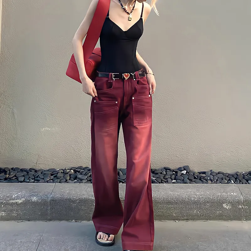 Jeans da donna Boyfriend Style Streetwear Pantaloni larghi da donna in denim a vita alta Y2k Pantaloni lavati vintage lavati a gamba larga con straccio rosso 230721