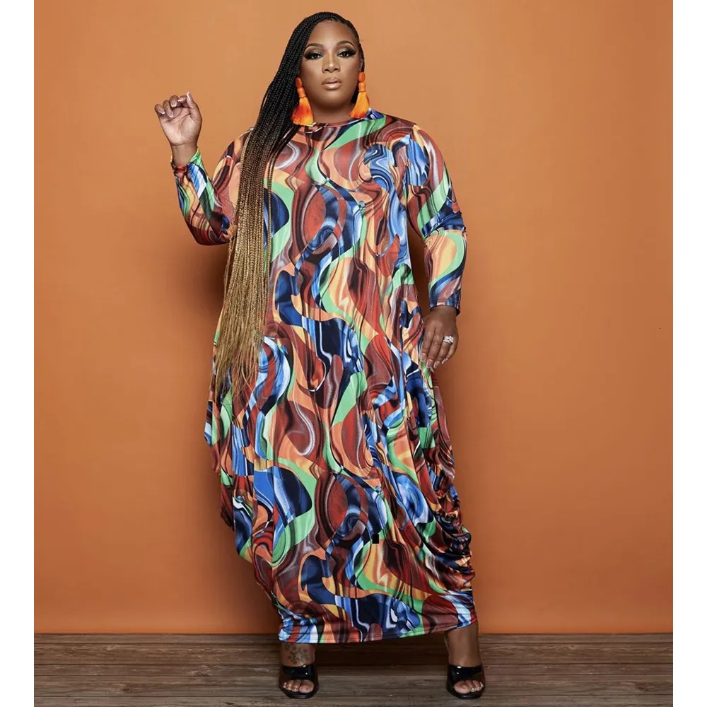 African Plus Size Women Clothing 3xl 4xl Printed Sexy Maxi Dress O Neck Long Sleeve Elegant Party Dresses Robe Femme Oversized