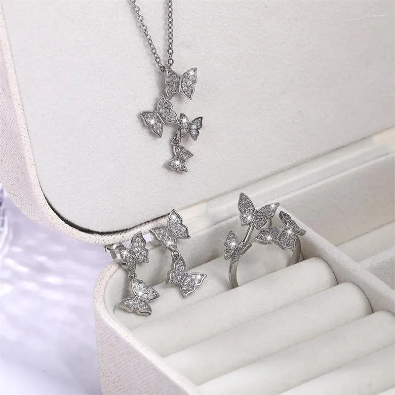 Colares com pingente coreano moda borboleta conjunto de joias aço inoxidável s quatro colar brincos menina presente de festa z442