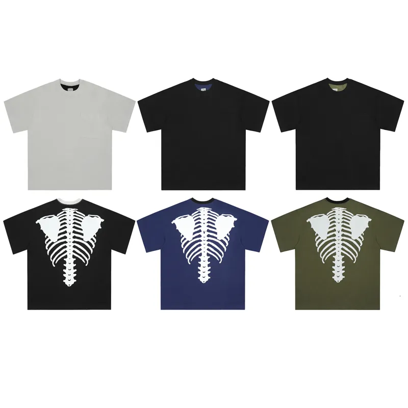 Camisetas Masculinas Patckwork KAPITAL Camiseta com Estampa de Osso de Esqueleto Masculino Feminino Camiseta Manga Curta Bolso Grande 230720