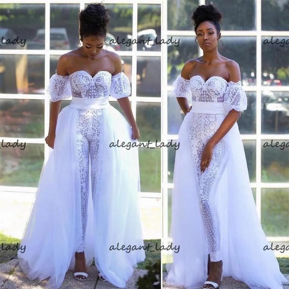 Blanc Dentelle Applique Africain De Mariage Combinaison Avec Amovible Train Chérie Hors Épaule Jardin Plage Mariée Tenue Pantalon Suit228L