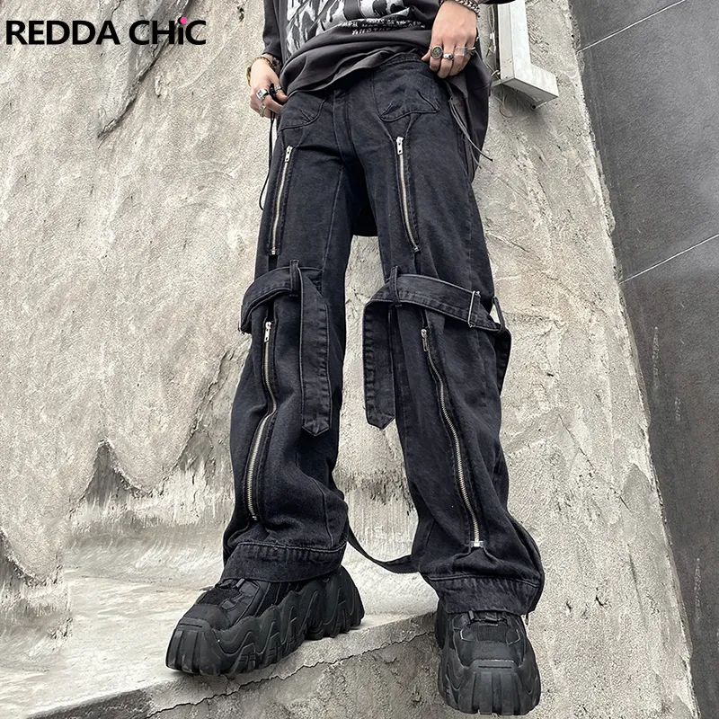 Men's Jeans REDDACHiC Hiphop Men Straight Jeans Open-Zipper Knee Tie Baggy Jeans Dark Punk Cyber Y2k Grunge Streetwear Harajuku Male Clothes 230720