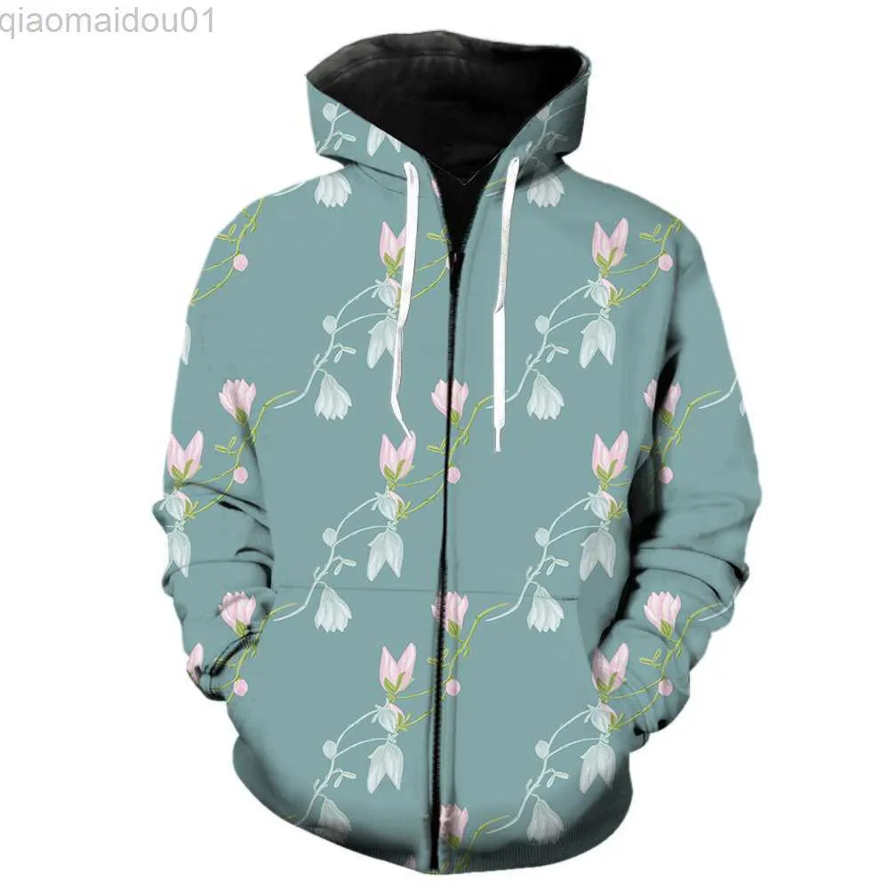 Herrtröjor tröjor blommor magnolia mäns dragkedja hoodie toppar med huvjackor 2022 het försäljning casual 3d tryckt överdimensionerade roliga harjuku tröjor l230721