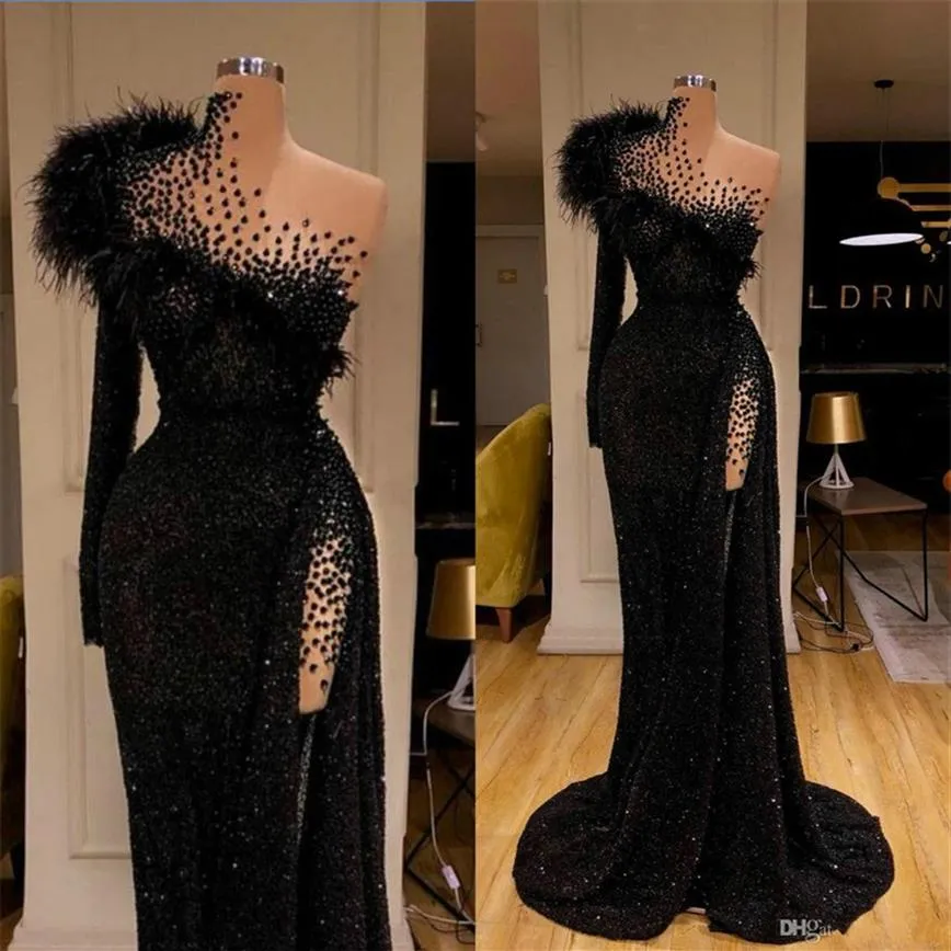 Imagen real Vestidos de noche elegantes Lentejuelas brillantes Cuentas de plumas Volantes Vestido de fiesta formal de lujo Por encargo Tren de barrido Fiesta larga 265F