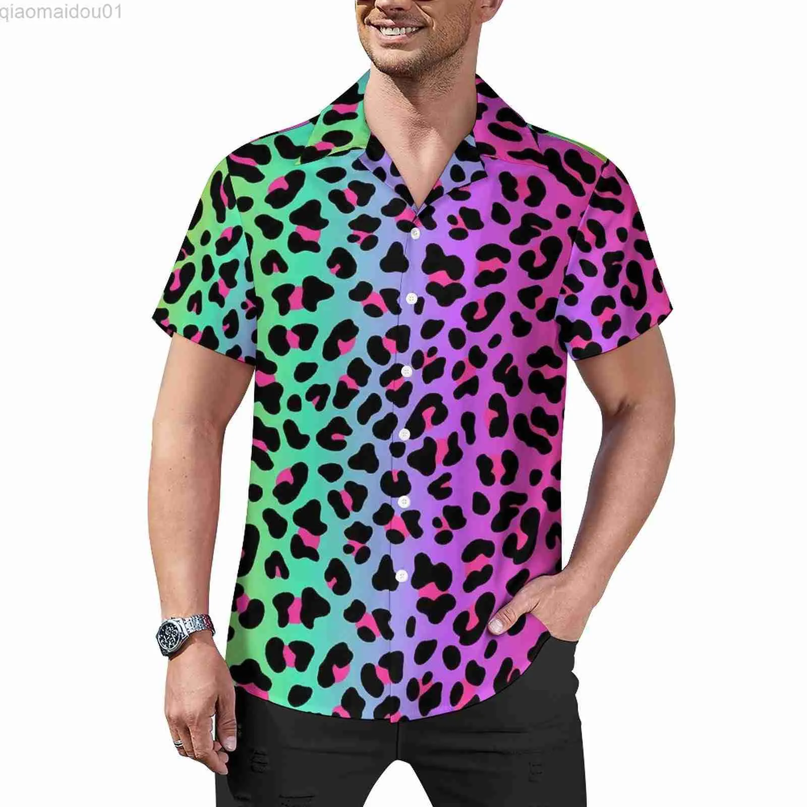 Heren Casual Shirts Regenboog Luipaard Strand Shirt Cheetah Neon Print Hawaii Casual Shirts Man Retro Blouses Korte Mouw Patroon Kleding Grote Maat L230721