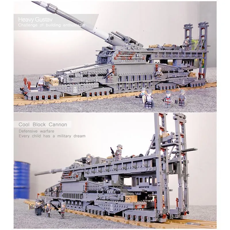 Actie Speelfiguren KAZI 10005 Duitse Gustav Heavy Dora Bouwstenen Militaire Spoorweg Pistool Model Tank Bricks Cadeaus Voor Kinderen 38 Pcs 230721