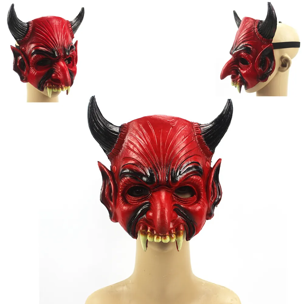 Maschere per feste Cosplay Raccapricciante Terribile Diavolo Rosso Demone Male Corno Denti Spaventoso Maschera di Halloween Full Face Costume Prop per Carnevale a tema 230721