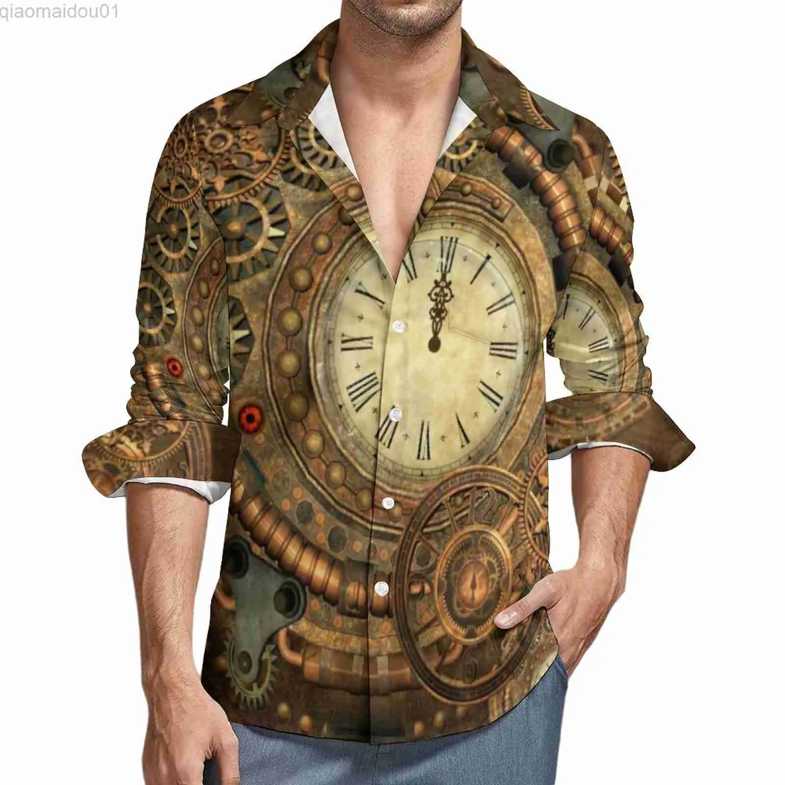 メンズカジュアルシャツスチームパンクデザインシャツ秋すごい時計仕掛けヴィンテージシャツ男性ファッションブラウス長Y2K衣類プラスサイズL230721