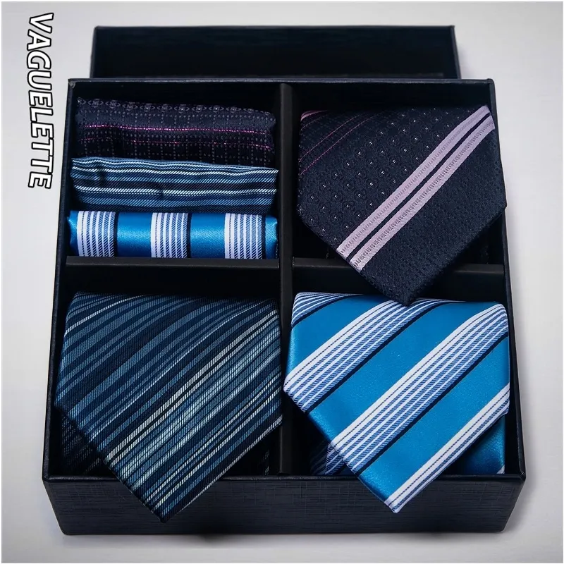 Шея галстуки vagueltette полосатые 3pcs Pocket Square Men Tie Tie Luxury Gift Set для мужчин Свадебная вечеринка с коробкой 230721