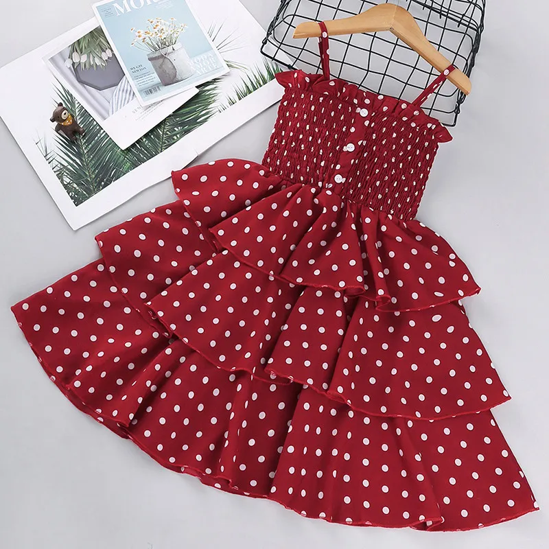 3-12Y Girls Polka-Dot Summer Dress Girls Sleeveless Suspender Dress Clothing Kids Chiffon RED Princess Dresses Children Clothes