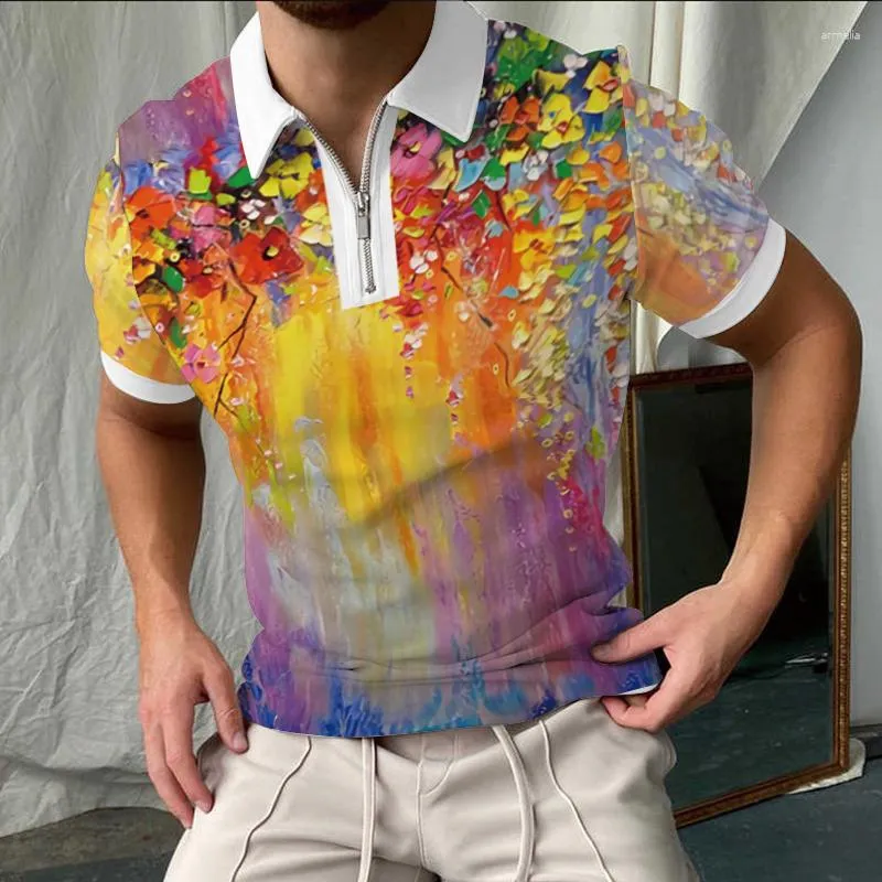 Herren Polos 2023 Sommer Mode Casual Polo Shirt Gemälde Kunst eleganter Reißverschluss Kragen Street Kee