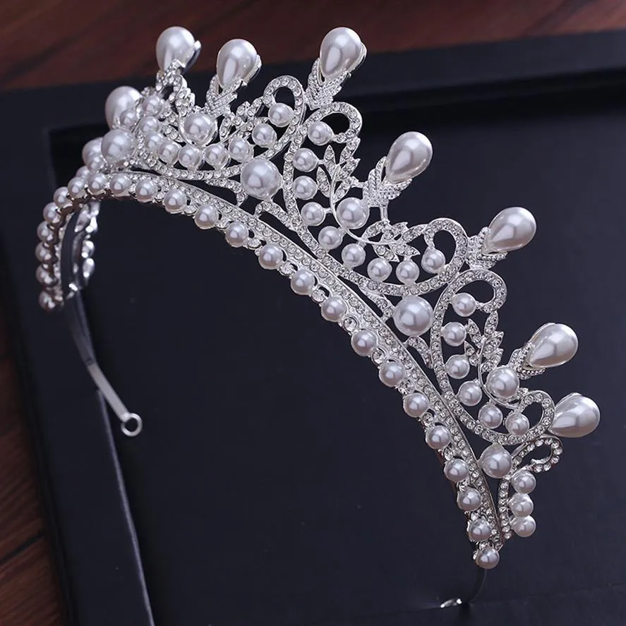 Tiaras and Crowns 신부를위한 고급 진주 공주 대회 약혼 웨딩 헤어 액세서리 Shine Crystal308g