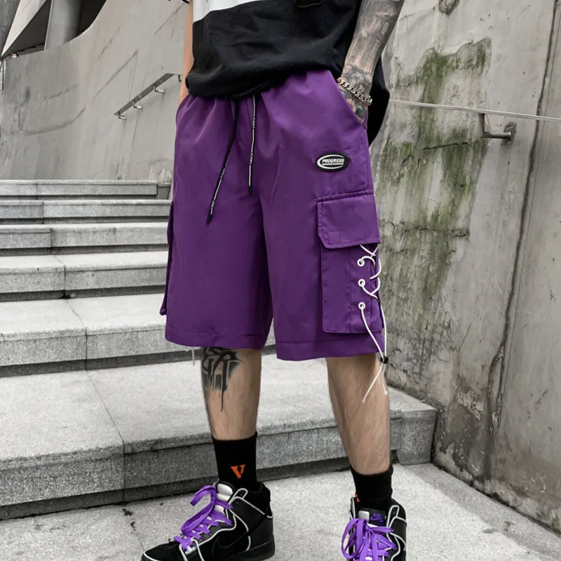 Blue Purple Yellow Black Cargo Shorts for Men Summer Techwear Harajuku Hip Hop Short Pants with Multi Pockets and Side Drawstring