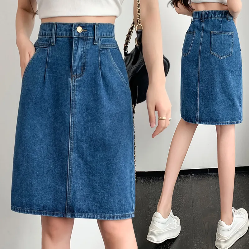 Kjolar koreansk mode sexig skarvfold kvinna medellong jean kjol casual kvinnliga flickor denim droppe p230720