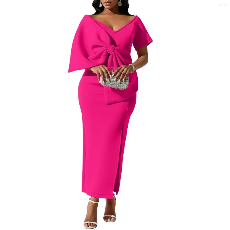 Etnische Kleding Afrikaanse Vrouwen Lange Jurken 2023 Zomer Sexy Grote Strik Elegante V-hals Feest Bruiloft Polyesteri Wit Roze Paars Gewaden Maxi
