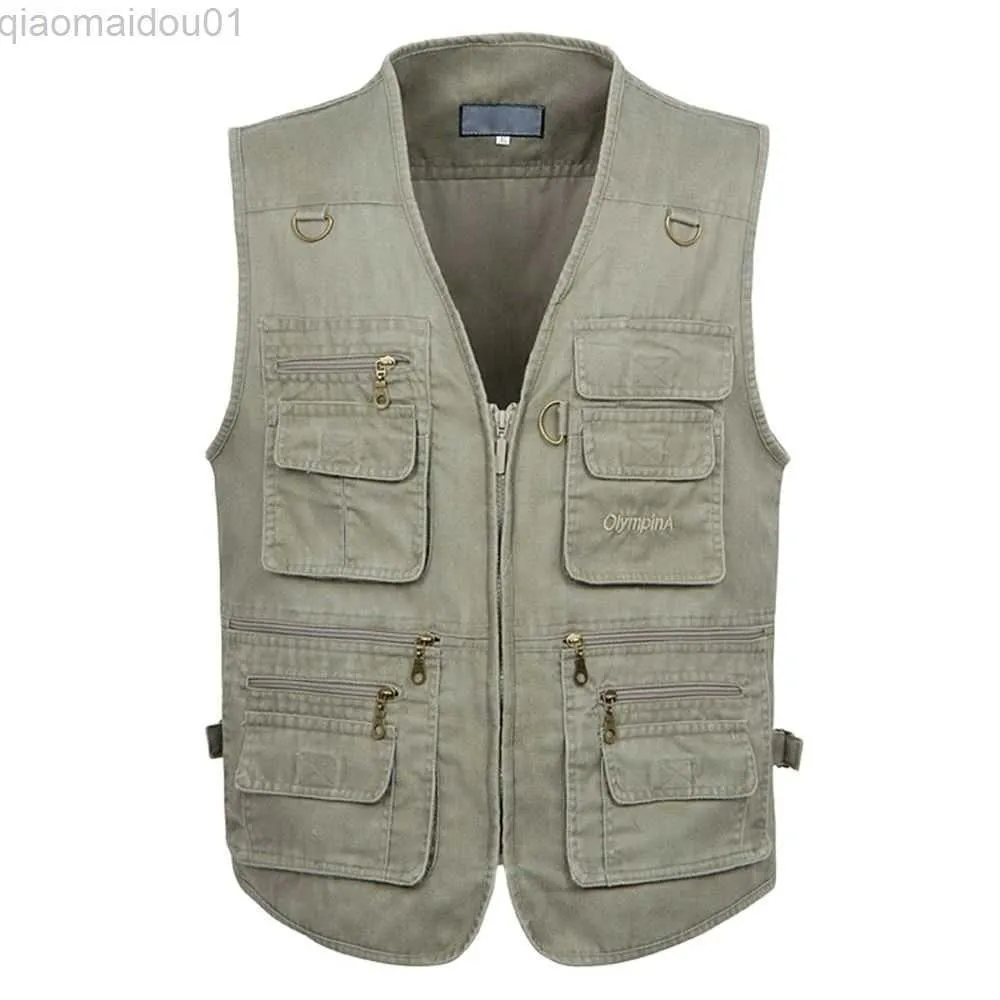 Herrjackor Nya sommarmens avslappnade ärmlösa västar Multi Pocket Cotton Waistcoat last Vest Militär ärmlös jacka PLUS -storlek L230721