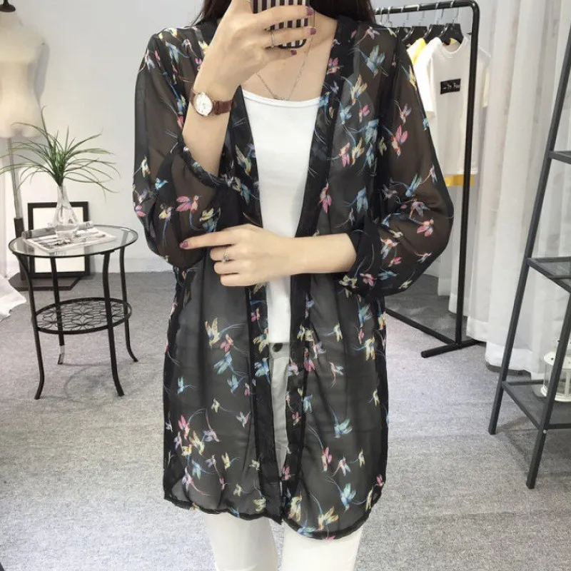 Blusa feminina chiffon kimono cardigã floral estampado manga longa praia verão tops longos boho soltos senhoras