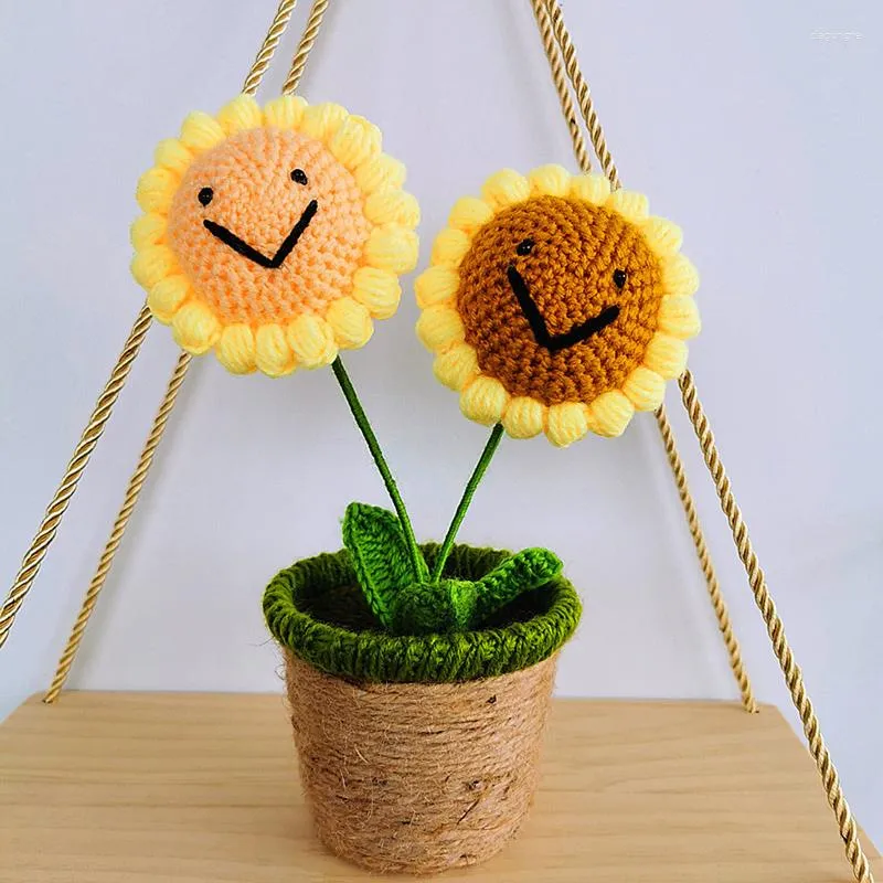 Decorative Flowers Faux Sunflower Jewelry Holder Crochet Bonsai Essential Oil Diffuser Handmade Potted Plants Table Decorations