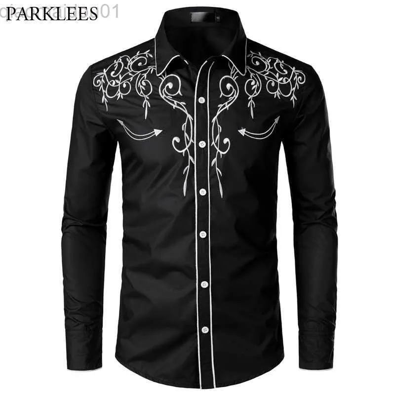 Men's Casual Shirts Stylish Western Cowboy Shirt Men Brand Design Embroidery Slim Fit Casual Long Sleeve Shirts Mens Wedding Party Shirt for Male L230721