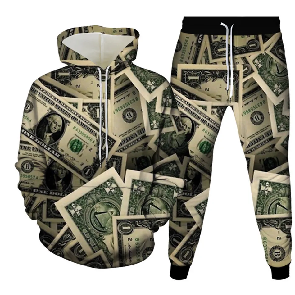 Herrespår amerikanska dollar Skull Autumn Winter Men Women Hoodies Set 3D Printed Tracksuit Långärmad tröja Byxor Casual Outfits Sport kostym 230720