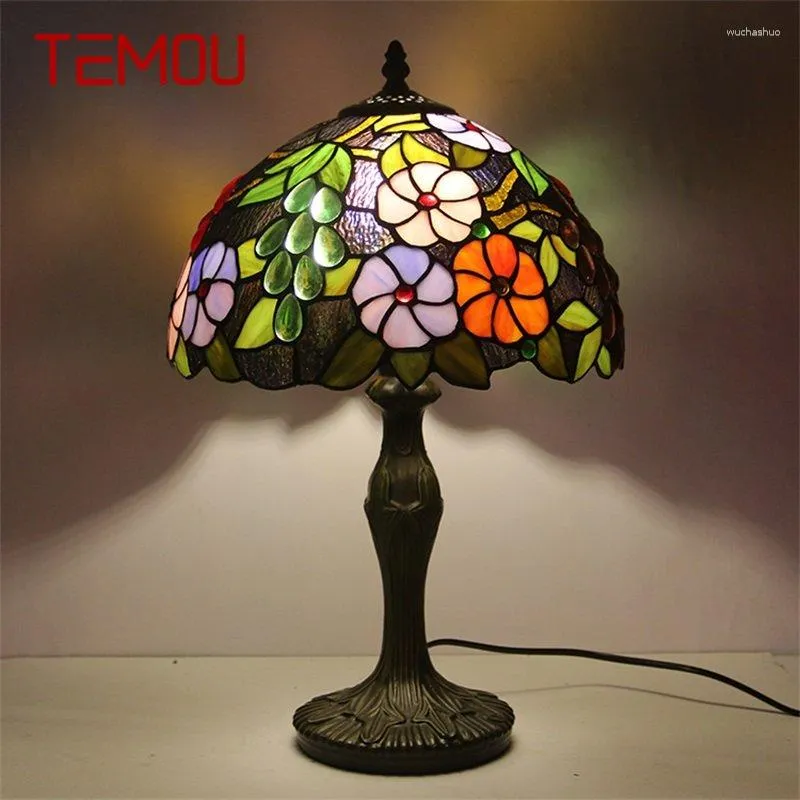 테이블 램프 Temou Tiffany 램프 LED 빈티지 컬러 유리 패션 꽃 패턴 데스크 가벼운 홈 거실 침실 침대 옆.