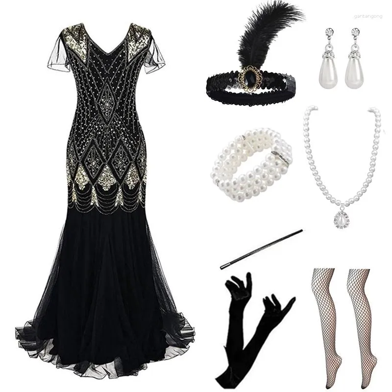 Vêtements de scène 2023 Vintage Robe de soirée Robe Femme 1920 s Great Gatsby clapet Sequin femmes Midi Vestido été Art déco rétro dame